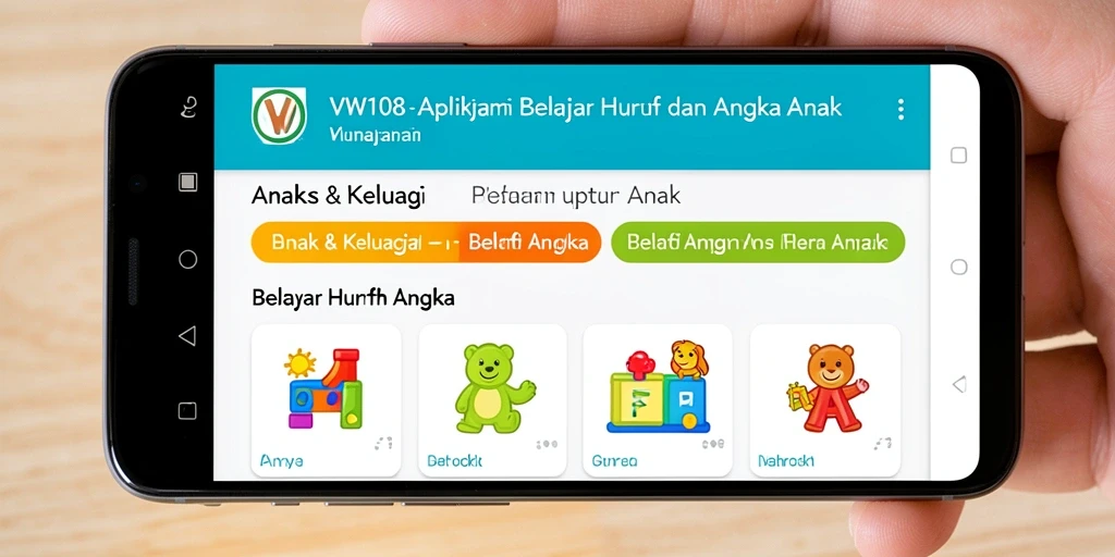 Tampilan antarmuka VW108 yang menarik untuk belajar huruf dan angka.